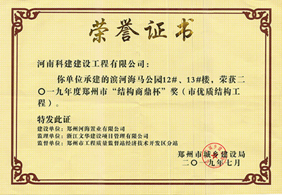 滨河海马公园12#、13#楼荣获“二零一九年度郑州市结构商鼎杯奖（市优质结构意昂集团官网）”